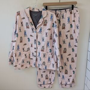 P.J. Salvage Women's Pink Flannel Dog Scarf Pajama Set Medium Flaw